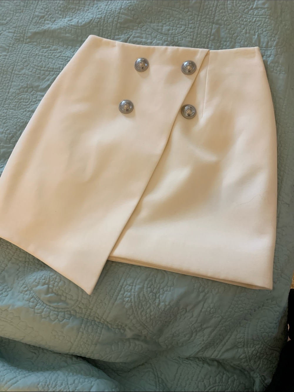 Pierre Balmain Cream Asymmetrical Mini Skirt with Silver Buttons